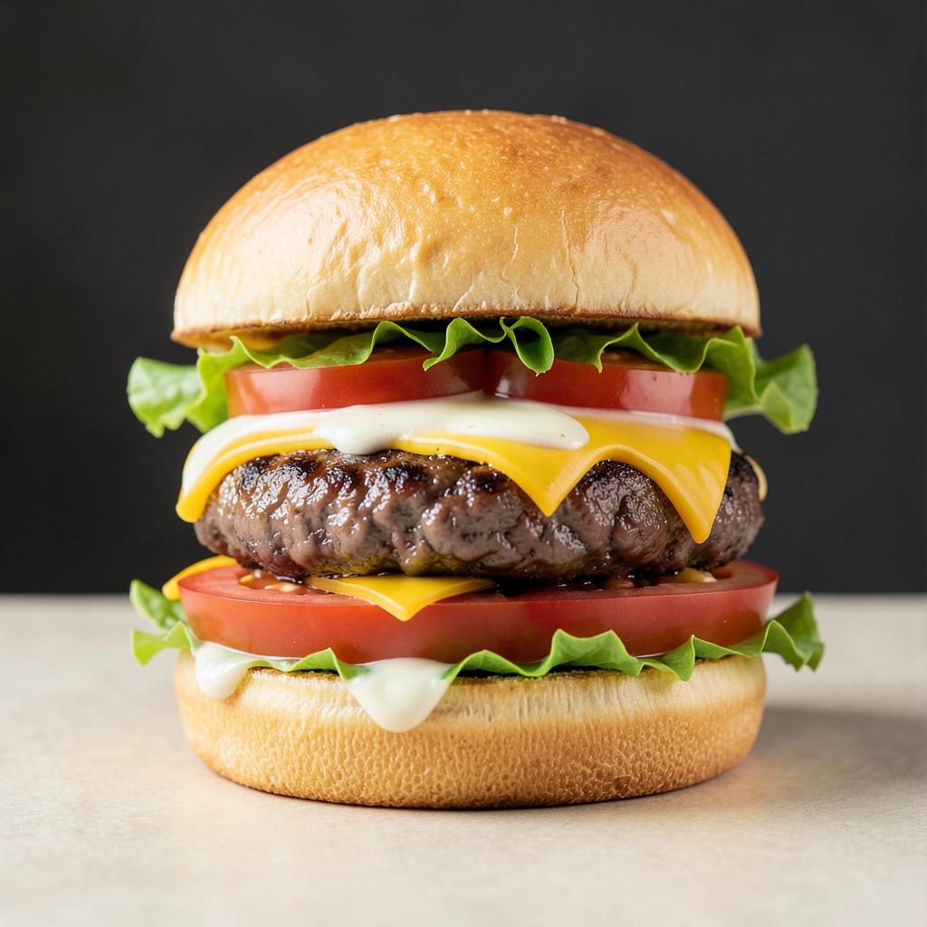 Hambúrguer artesanal com pão brioche, carne, cheddar, alface e tomate