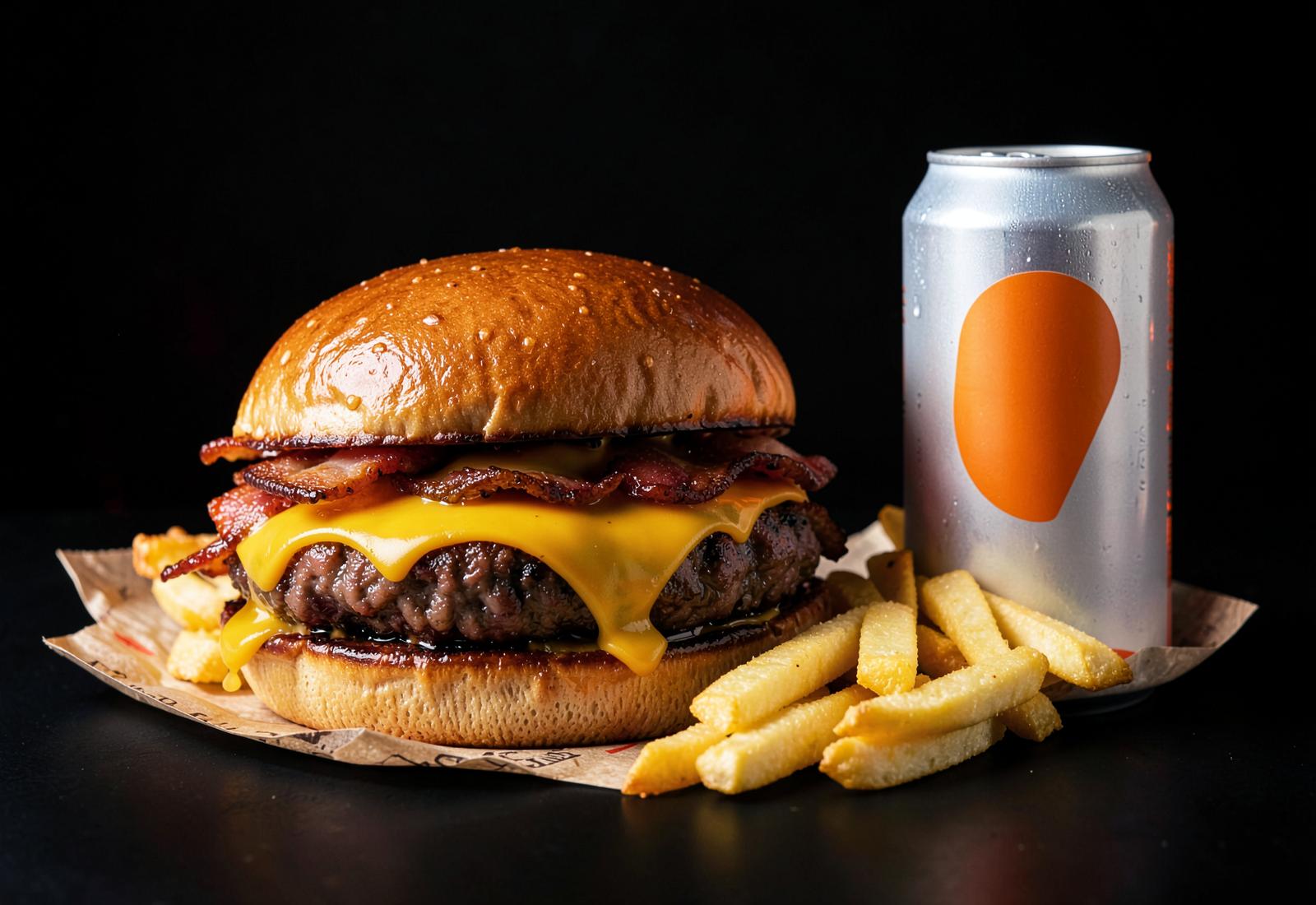 Combo com hambúrguer de bacon, batata frita e refrigerante em lata