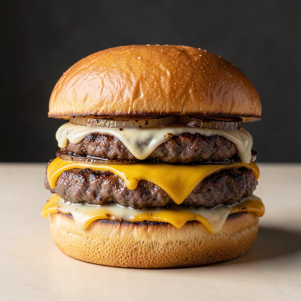 Hambúrguer artesanal duplo com cheddar e cebola na chapa